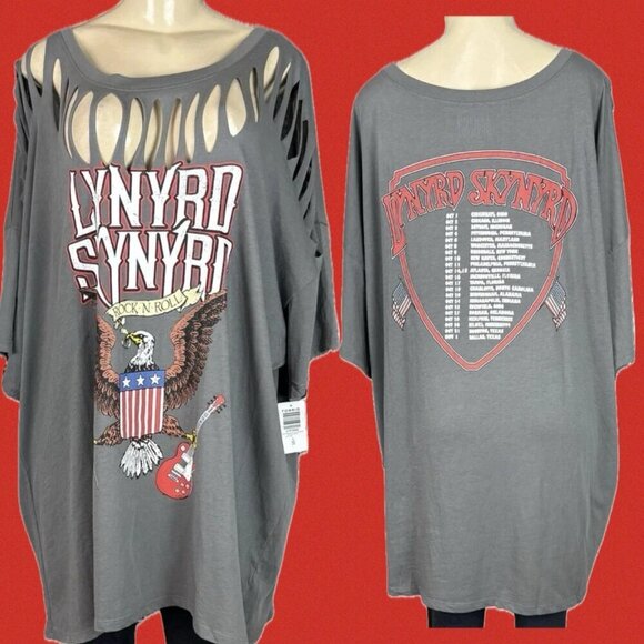 Lynyrd Skynyrd +5 Logo Gray Slashed Neck American Eagle Graphic 3/4 Sleeve Tee - Picture 1 of 6